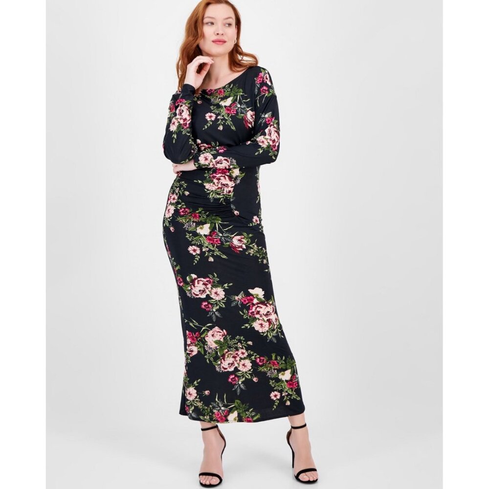 Rachel Rachel Roy Womens Floral Long Sleeve Ruched Midi Dress Size L Black & Pin